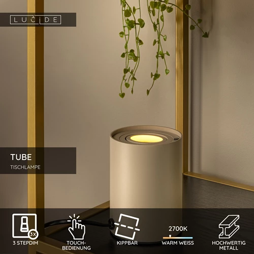 Lucide TUBE - Tischlampe - Ø 9,6 cm - LED 3 StepDim - GU10 - 1x5W 2700K - Taupe - USP